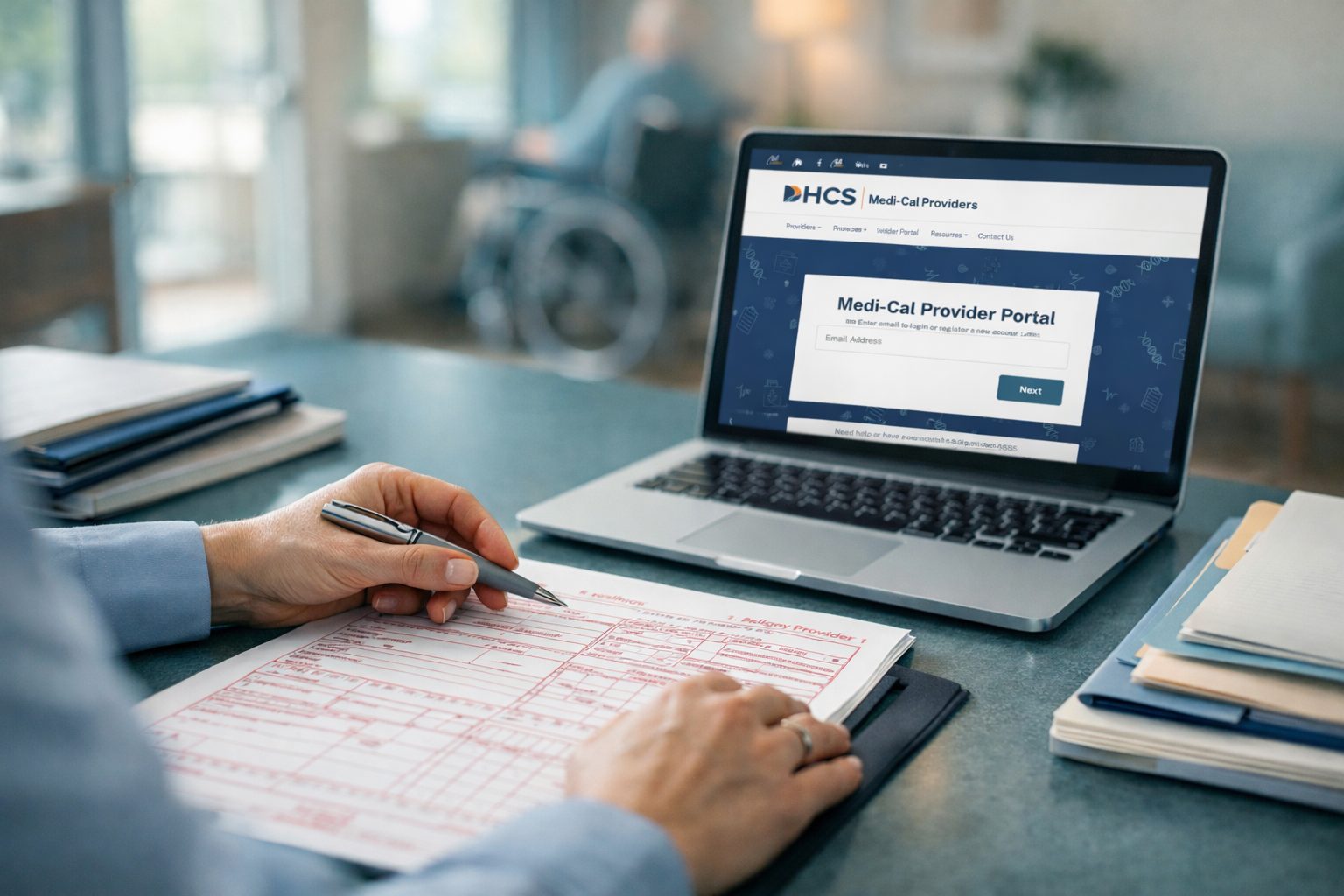 Reviewing a Medi-Cal claim form beside the DHCS Provider Portal in a care facility office
