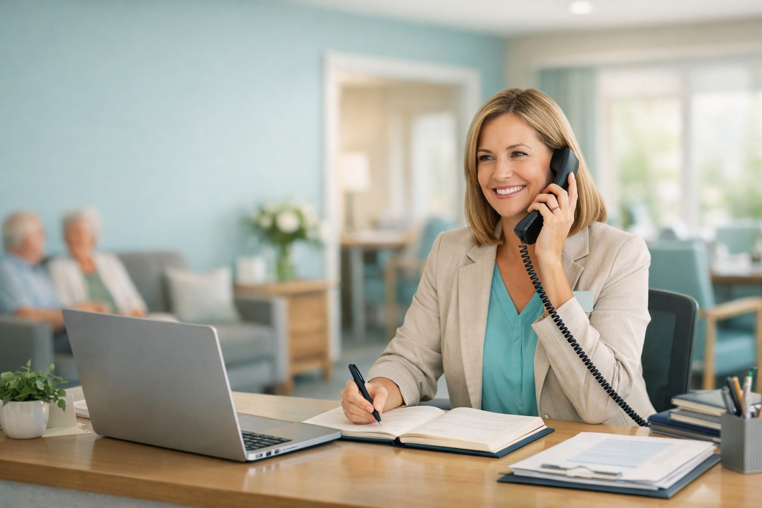 A billing specialist taking a call at a desk in an assisted living facility